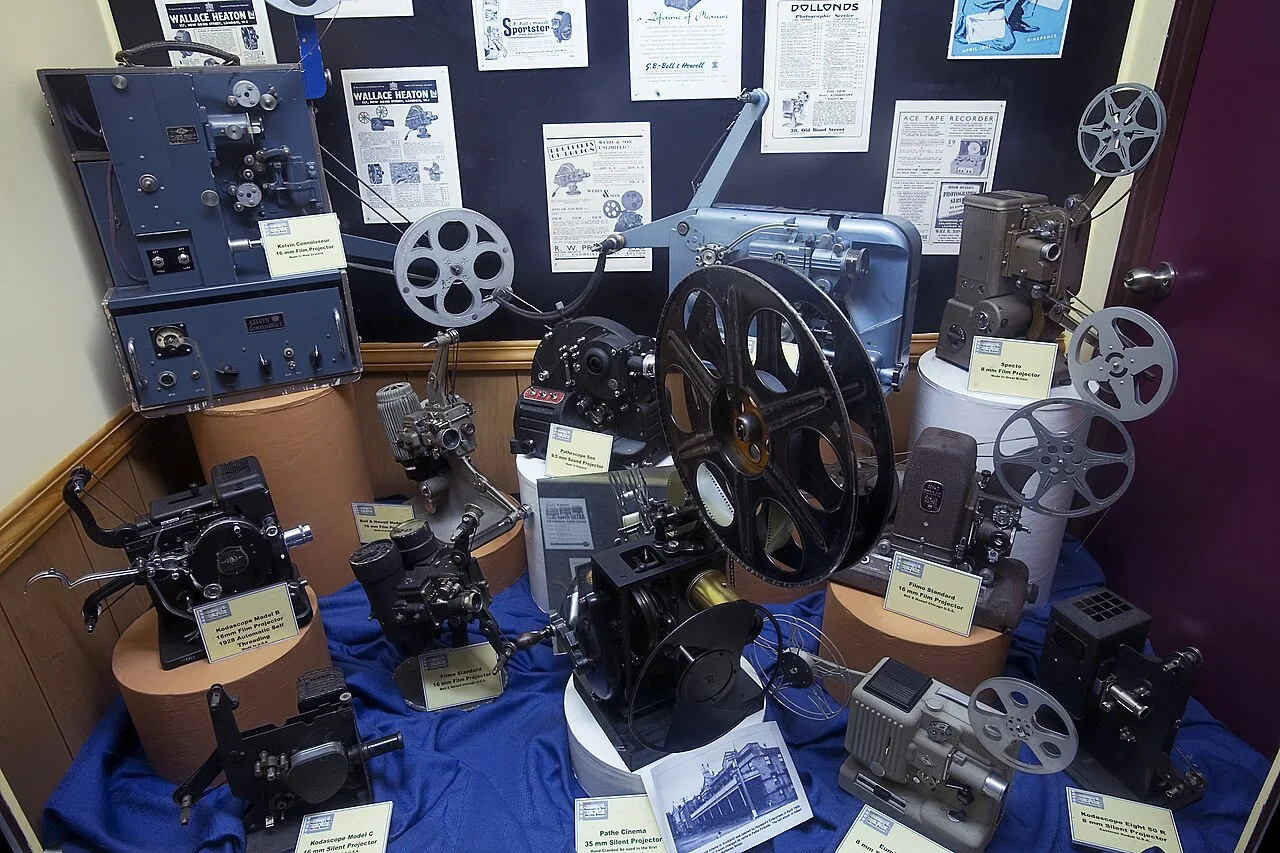 A display of vintage film projectors