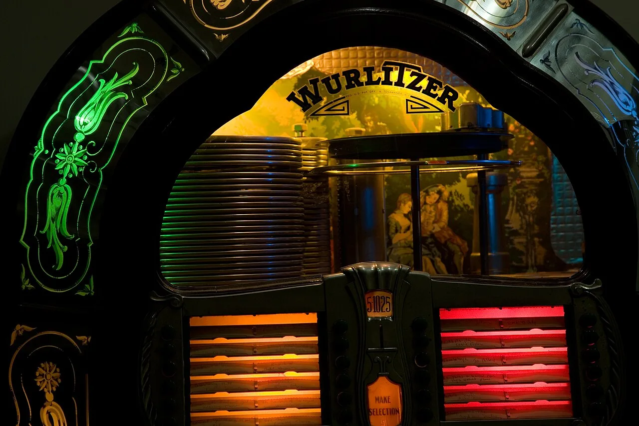 Illuminated details of a classic Wurlitzer jukebox